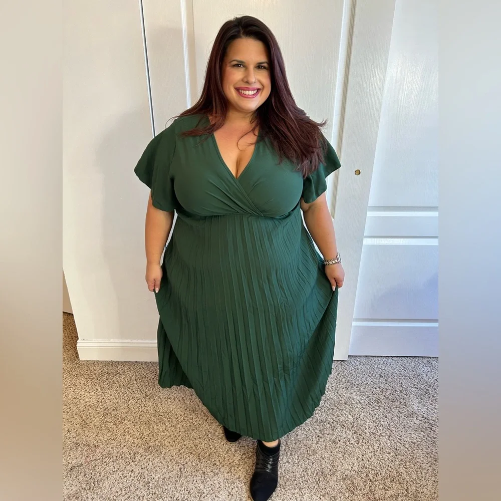 Plus Green Faux Wrap Pleated Maxi Dress